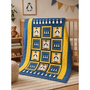 Handmade Penguin Baby Quilt 36x40 Blue Yellow Nursery Patchwork